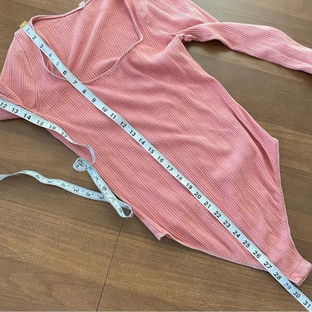 Free People | Women’s Move On Bodysuit Mooncake Pink Ribbed Long Sleeve Bow Cuff